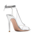 Sleek Open Toe High Stiletto Heel Silver Metallic Leather Wrap Tie PVC Sandals